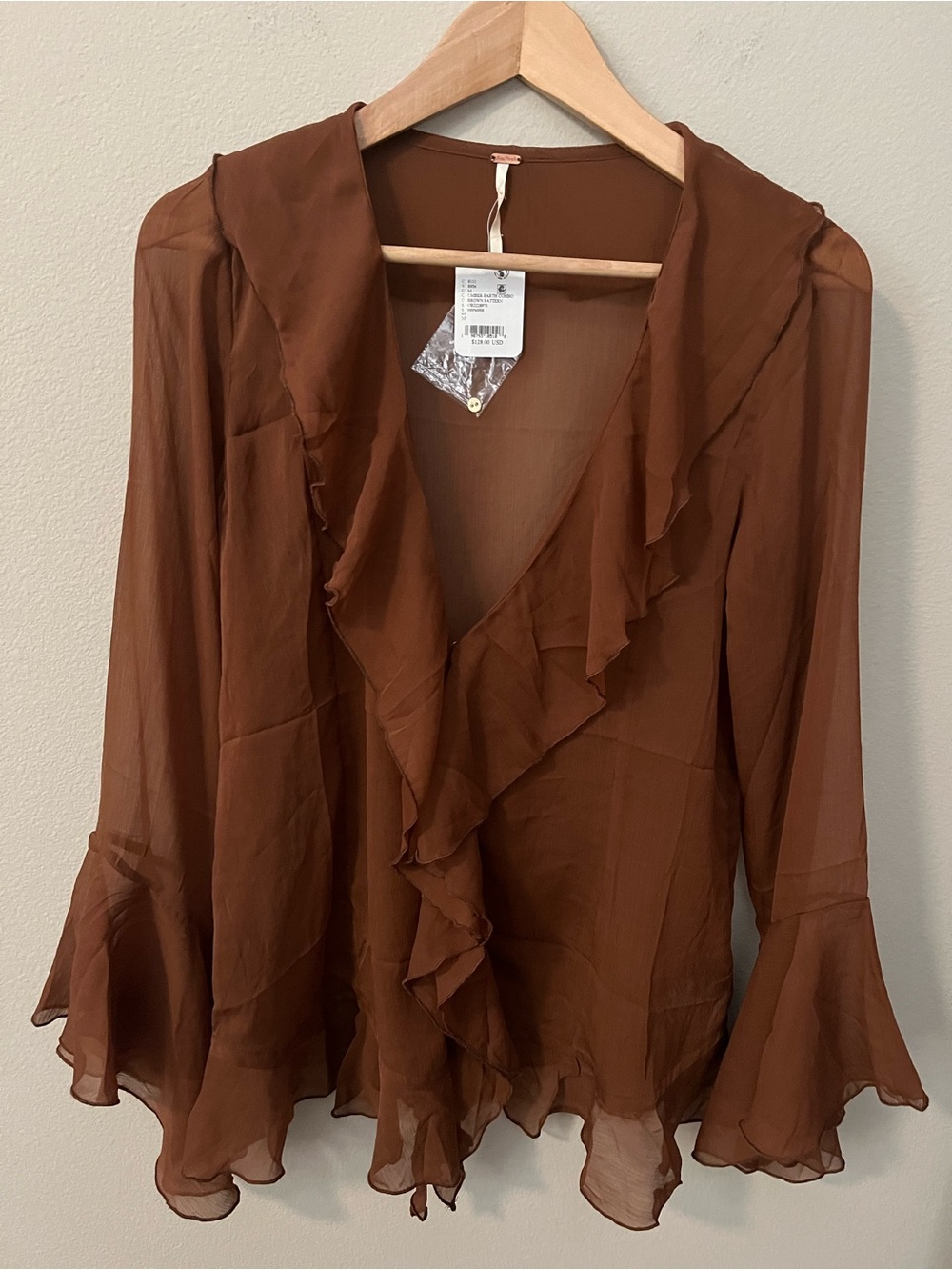 FREE PEOPLE Bali Tulula Chiffon V-Neck Blouse Top in Umber Earth NWT - Picture 5 of 11